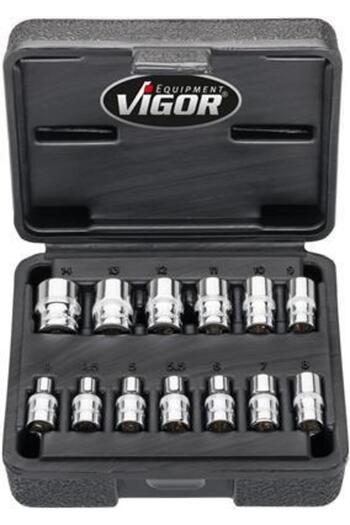 Vigor Set of 13 socket wrenches V7514/13, double hexagonal profile, with 1/4 inch square drive, dim.