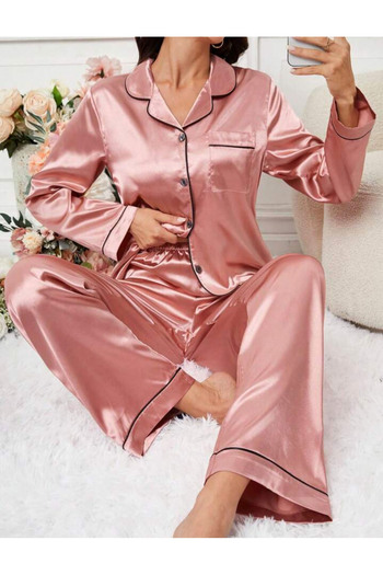 Star Fashion Women's satin pajamas, long-sleeved blouse and long pants, buttoned model