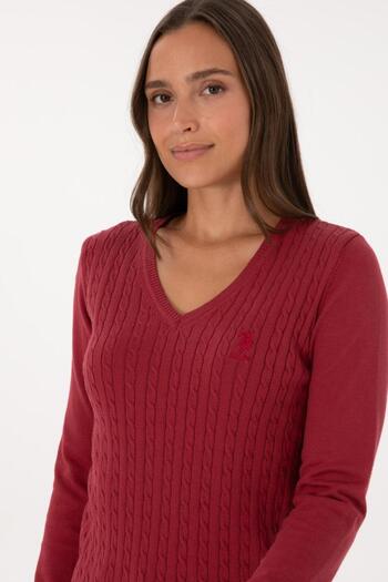 U.S. Polo Assn. Women's Dark Raspberry V-Neck Basic Sweater Tekspor222591.5