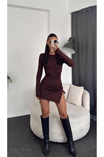 Linich&Co 2820 Diver Fabric Gathered Mini Brown Dress