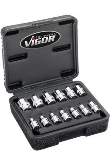 Vigor Set of 13 socket wrenches V7514/13, double hexagonal profile, with 1/4 inch square drive, dim.