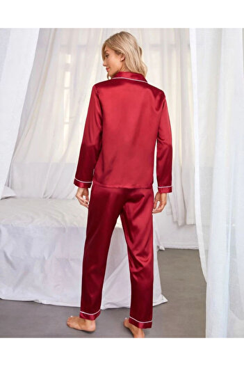 Star Fashion Women's satin pajamas, long-sleeved blouse and long pants, buttoned model