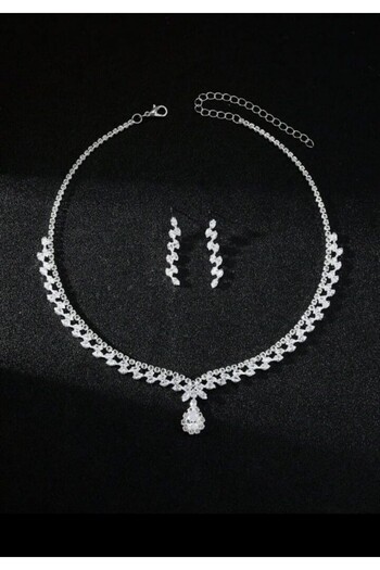 Ümaks Silvers Sparkling Zircon Stone Bridal Set – Necklace and Earring Set, Wedding & Special Occasion Accessory