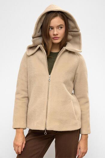 Olcay Detachable Hooded Oversized Coat with Zipper Detail Dark Beige 3128