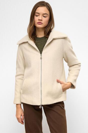 Olcay Removable Hood Zipper Detailed Oversize Coat Bej 3128