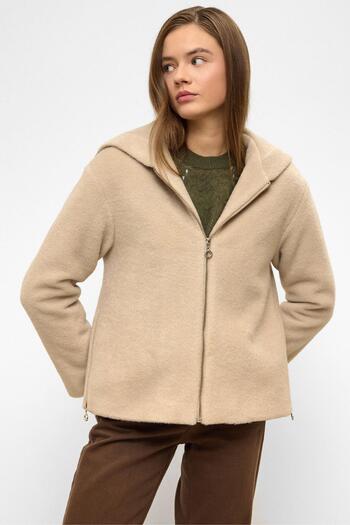 Olcay Hooded Zipper Detailed Oversize Short Coat Dark Beige 3130