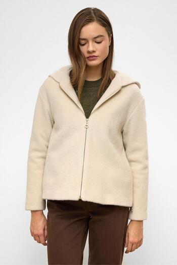 Olcay Hooded Zipper Detailed Oversize Short Coat Beige 3130