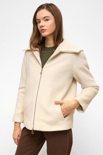 Olcay Removable Hood Zipper Detailed Oversize Coat Bej 3128