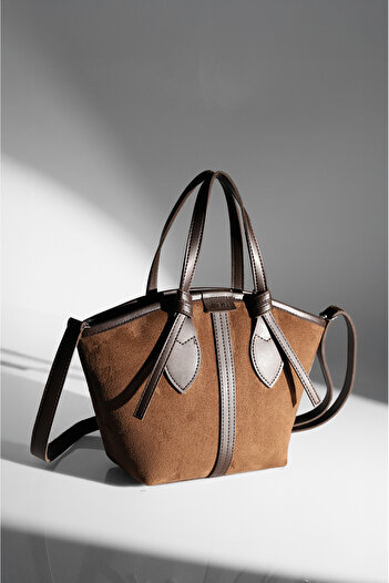 Rimense Women's Brown Suede Bitter Brown Faux Leather Zippered Lined Hand and Shoulder Bag