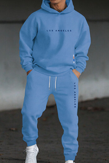 CLASSY.MODA Los Angeles Letter Print Tracksuit Set Unisex Oversize Hooded Sweatshirt with Kangaroo Pocket