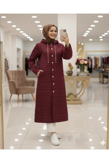 Modamorfo Hooded Buttoned Front Chain Detailed Quilted Cap -Burgundy