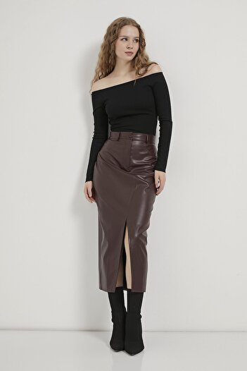 Arma Life Armalife 3926 High Waist with Pockets and Front Slit Faux Leather Women's Skirt