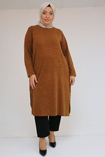 Eslina 58146 Plus Size Mir Tunic with Stone Detail on Sleeves and Side Panels - Tan