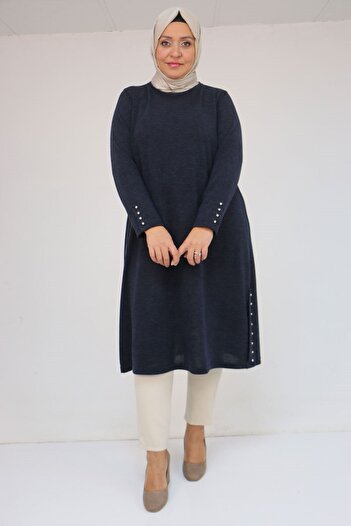 Eslina 58146 Plus Size Mir Tunic with Stone Detail on Sleeves and Side Panels - Navy Blue