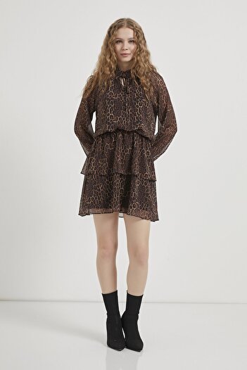 Arma Life Armalife 7969 Leopard Print Collar Tie-Up Chiffon Layered Mini Women's Dress