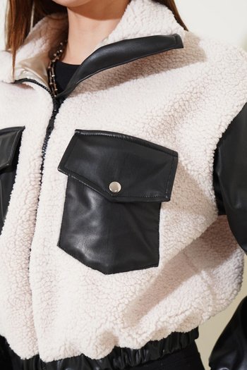 Işıltı kidss Leather Trim Pocket Plush Coat Black T1253