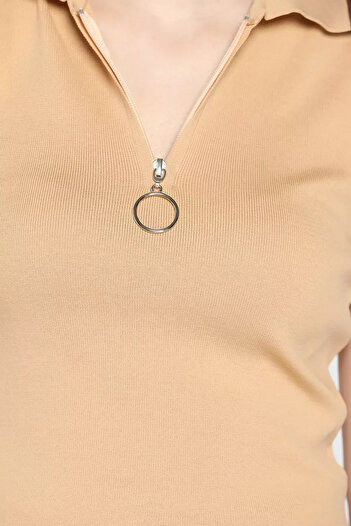 julude Beige Polo Neck Half Zipper Lycra Women's Knitwear Blouse