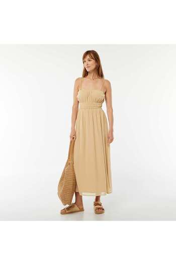 KIABI Smocked midi dress with narrow straps BEIGE