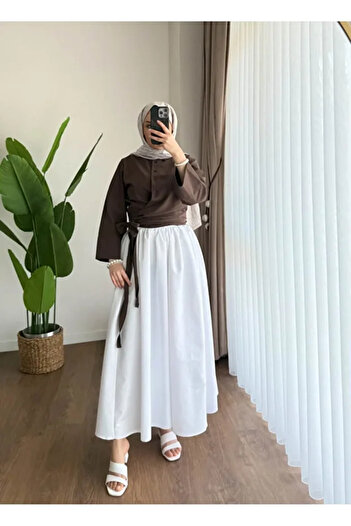GALAVİP Women's Spanish Sleeve Waist Tie Shirt Suitable for Hijab White