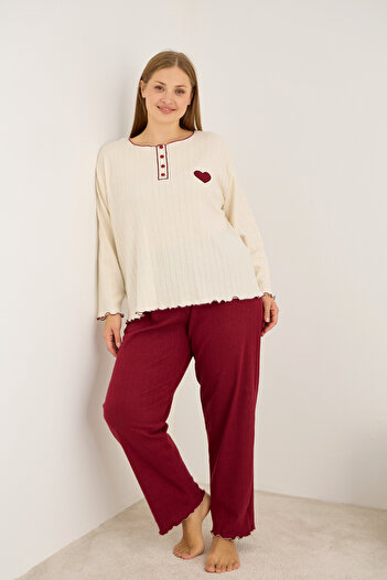 Siyah İnci bordo kalp nakışlı Büyük Beden Örme İnterlok Pijama Takım25228002