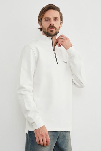 Fulla Moda Text Printed Half Zippered Stand Collar Sweatshirt