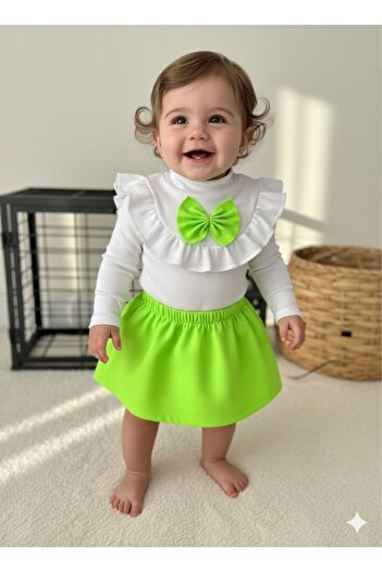 BAHNUR Baby Child 2-Ply Neon Green Skirt Ribbed Bluse Set Bottom Top Set