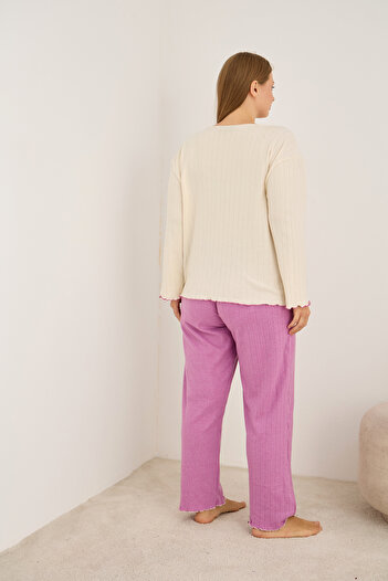 Siyah İnci pembe kalp nakışlı Büyük Beden Örme İnterlok Pijama Takım25228002