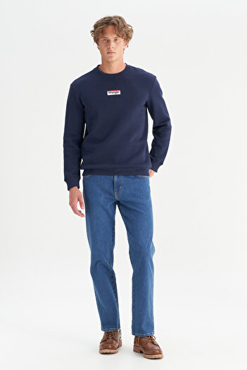 WRANGLER Regular Fit Normal Cut Crew Neck Navy Blue Sweatshirt with Fleece Inside
