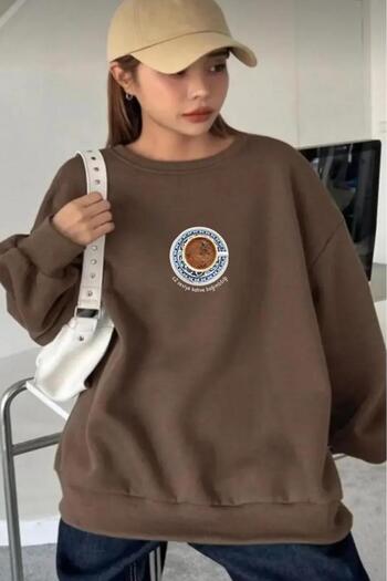 NO 601 Women's Brown C2 Level Coffee Addiction Printed Crew Neck Hoodless Sweatshirt