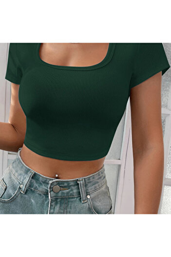 gl00my Women's Green Half Sleeve Straight Collar Crop Top Blouse