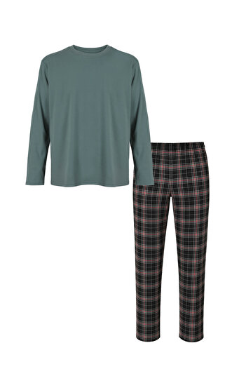 koza iç giyim Men's Cotton Long Sleeve Patched Plaid Patterned Pajama Set