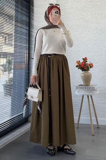 MELEK ARAZ Elastic Waist Gabardine Flared Skirt – Olive