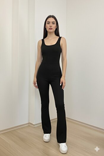 HİMENİSA Women's Gathering Lycra Back Low-Cut Spanish Leg Thick Strap Jumpsuit