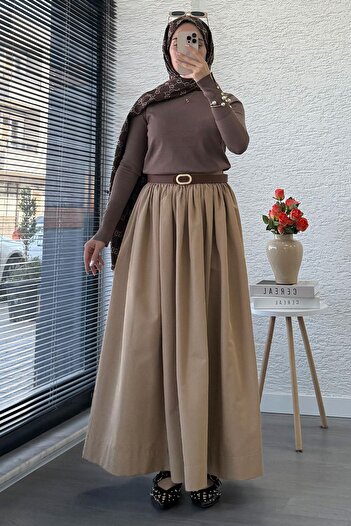 MELEK ARAZ Elastic Waist Gabardine Flared Skirt – Camel