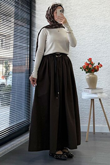 MELEK ARAZ Elastic Waist Gabardine Flared Skirt – Brown