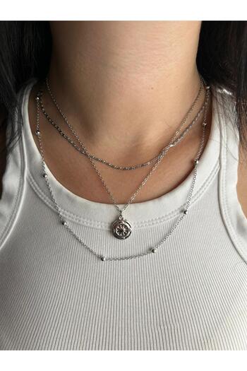 Fiamoss Women's 3-Piece Compass Detailed Combination Necklace