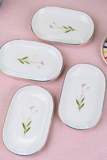 tabakevi Tabak Evi Porcelain Natura Broadcloth Gold Gilded Oval Boat Plate 22,50X14,50X2,50Cm 4 Pieces