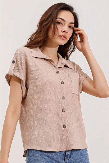 Hiccup Bdart Pocket Detailed Textured Wide Cut Shirt
