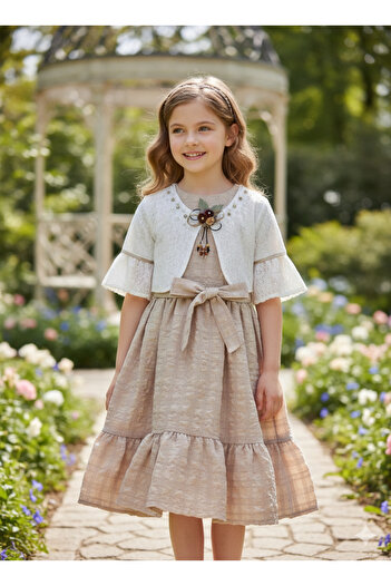 FESSHERA KİDS Girl's Suit Brode Lace Bolero and Ruffled Dress Set with Belt |   Holiday Special Day Wedding