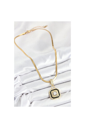 Vice 316L Steel Zircon Stone Black Detailed Baguette Model Gold Color Women's Necklace