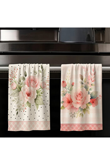 Else Dekor Pink Roses Floral Patterned Set of 2 Decorative Washable Cotton Kitchen Oven Hand Towels