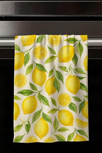 Else Dekor Yellow Lemon Patterned Set of 2 Decorative Washable Cotton Kitchen Oven Hand Towels