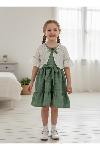 FESSHERA KİDS Girl's Suit Brode Lace Bolero and Ruffled Dress Set with Belt |   Holiday Special Day Wedding
