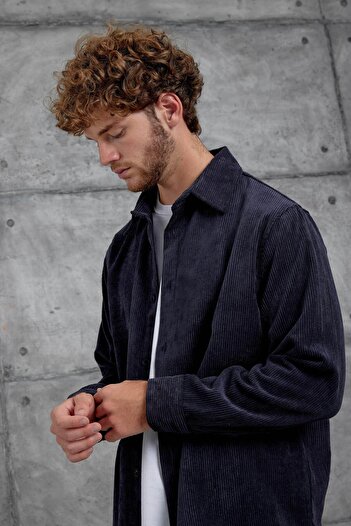 NOMARC Navy Blue 251 Velvet Oversize Shirt and Pantalon Set