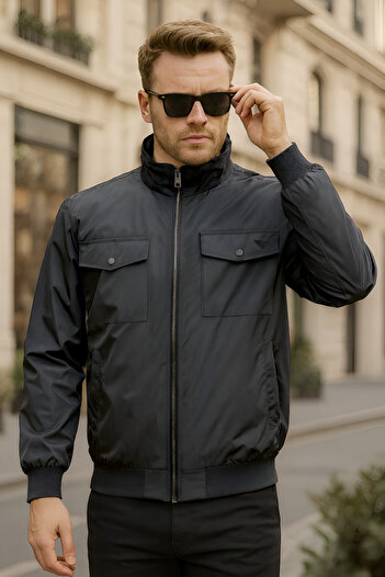 BESSA Smoked Waterproof Stand Collar Regular Fit Cargo Pocket Lined Seasonal Men's Coat