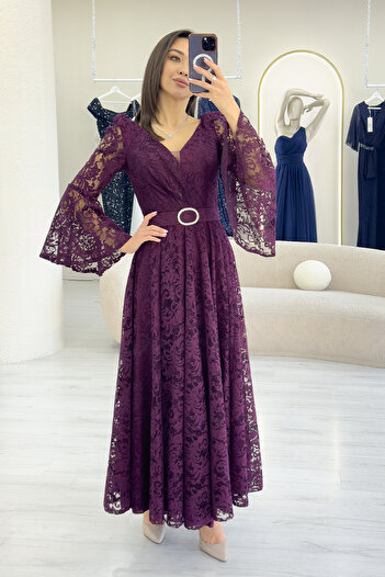 zks grup tekstil Women's Double Breasted Collar Belt Detailed Lace Long Sleeve Midi Dress Black, Saks, Purple, Plum, White, Burgundy