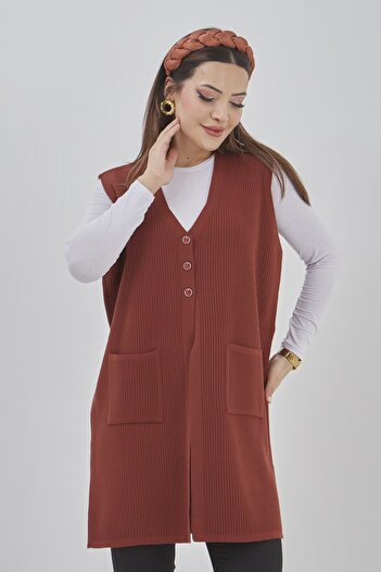 Elçelya Moda Women's Knitwear Stretchy Long Seasonal Buttoned Vest