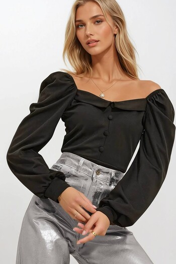 OLSAMODA Women's Buttoned Front Bubble Sleeve Flexible Fabric Bluse