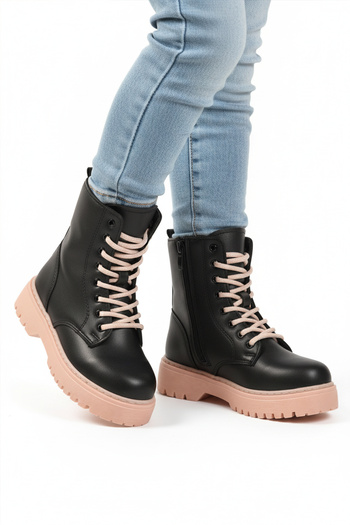 Aspor Black Powder Inside Fleece Lined Lace up Zippered Girls' Boots