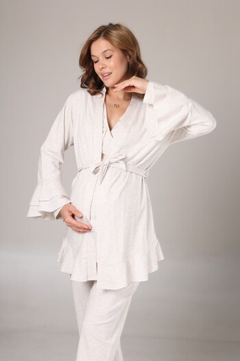 Pelin Women's Beige Double-Breasted Collar Flounce Sleeve Adjustable Waist Maternity 3-Piece Pajama Set